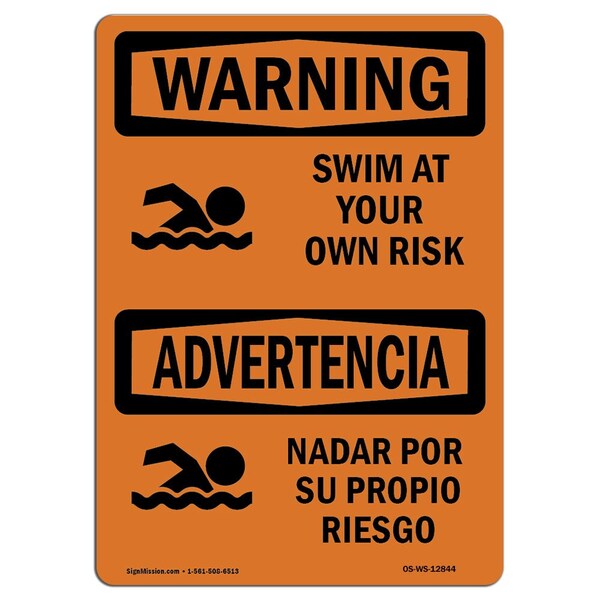 OSHA WARNING Swim Your Own Risk Bilingual 24in X 18in Rigid Plastic, 18" W, 24" L, Landscape